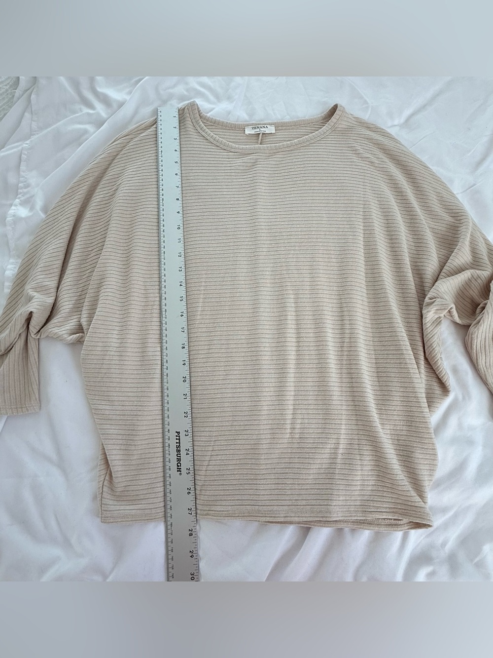 ZENANA Ribbed Striped Long Sleeve Top in Beige Large